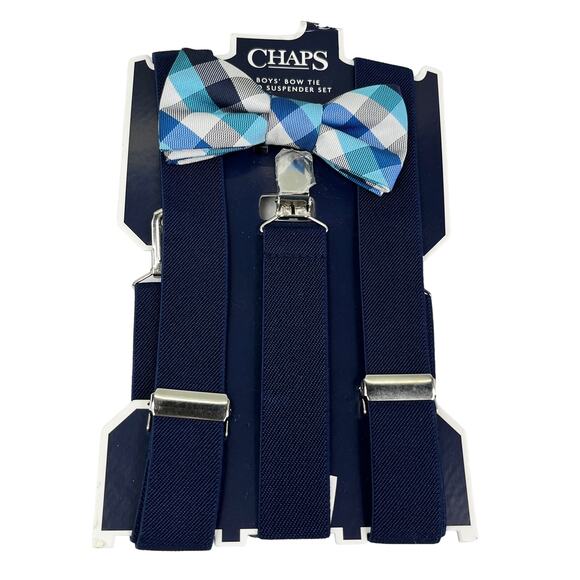 Chaps Boys Bow Tie & Suspender Set Navy Gray New - Picture 1 of 10